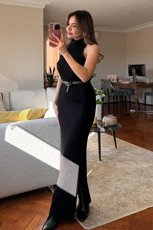 Powel Halter Yaka Triko Elbise - Siyah