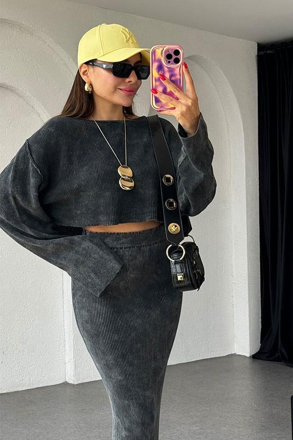 Pradan Fitilli Yıkama Antrasit Etek Takım