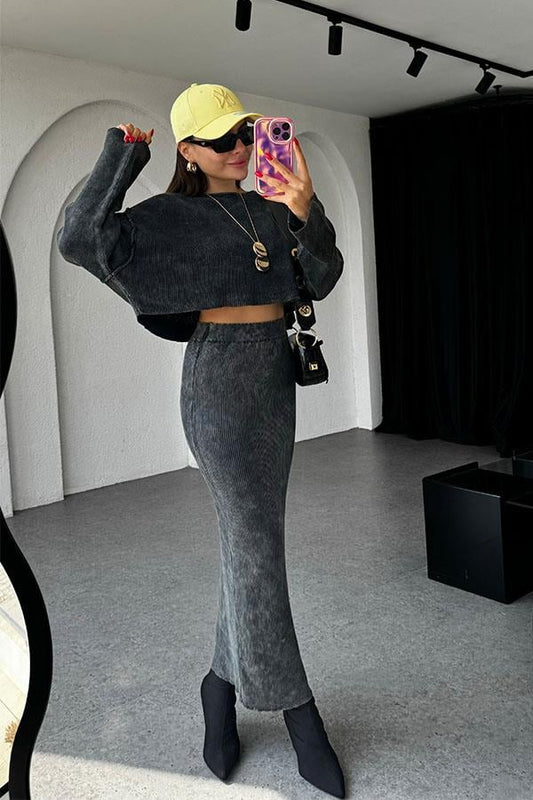 Pradan Fitilli Yıkama Antrasit Etek Takım