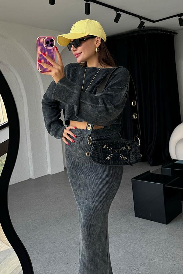 Pradan Fitilli Yıkama Antrasit Etek Takım