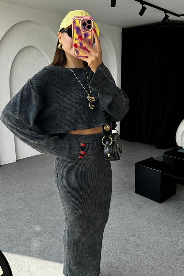 Pradan Fitilli Yıkama Antrasit Etek Takım