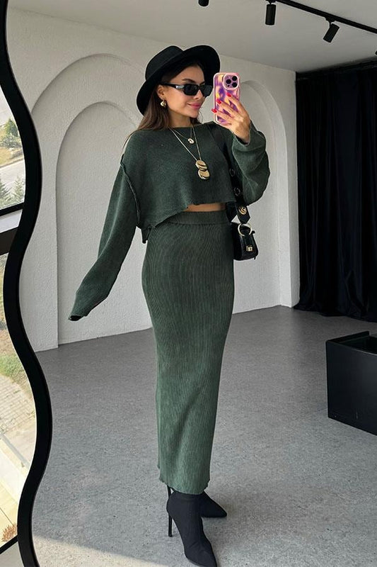 Pradan Fitilli Yıkama Haki Etek Takım