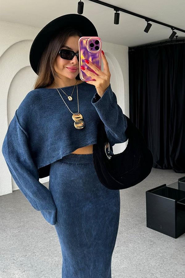 Pradan Fitilli Yıkama Lacivert Etek Takım