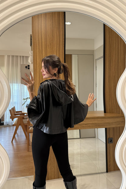 Prendi Deri Kapüşonlu Panço