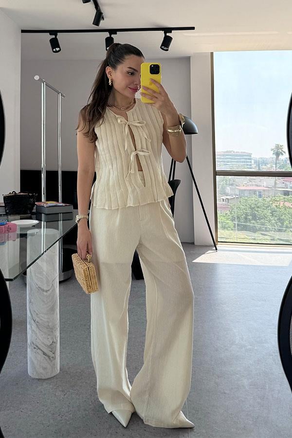 Presy Keten Bağlamalı Pantolon Yelek Takım-Krem
