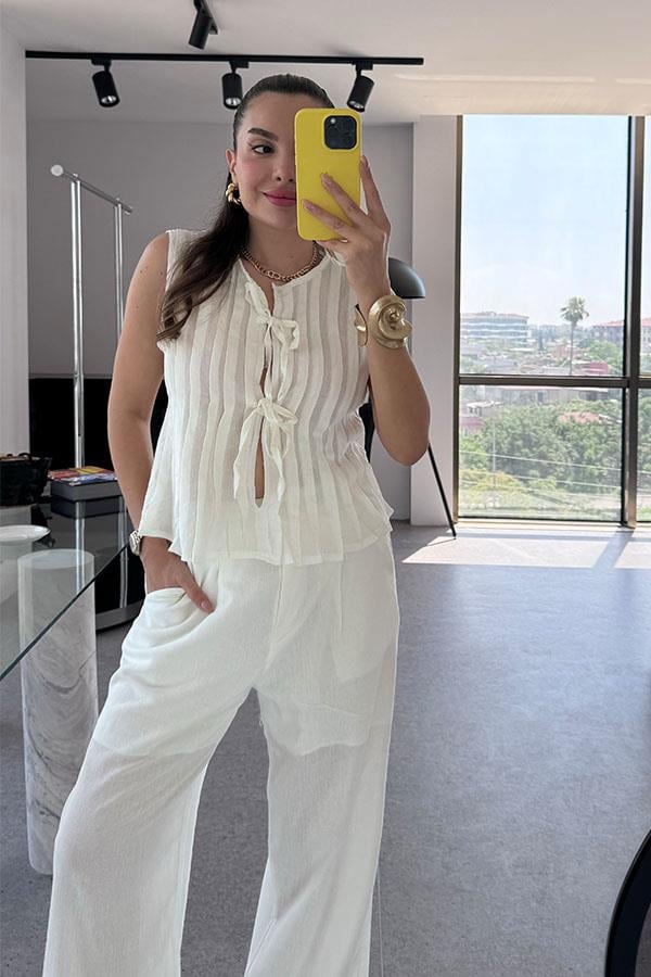 Presy Keten Bağlamalı Pantolon Yelek Takım-Beyaz