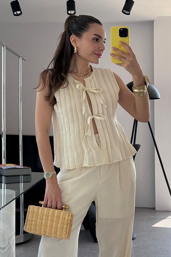 Presy Keten Bağlamalı Pantolon Yelek Takım-Krem