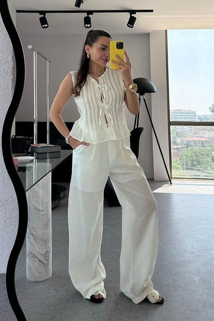 Presy Keten Bağlamalı Pantolon Yelek Takım-Beyaz