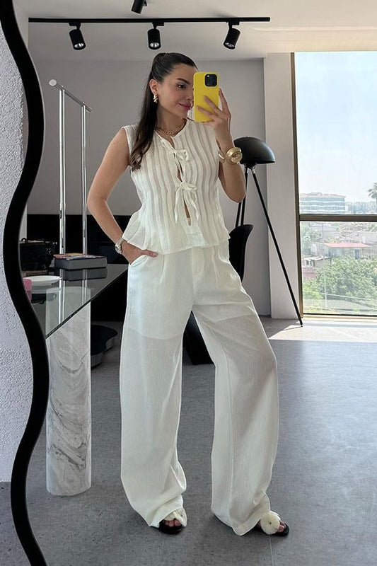 Presy Keten Bağlamalı Pantolon Yelek Takım-Beyaz
