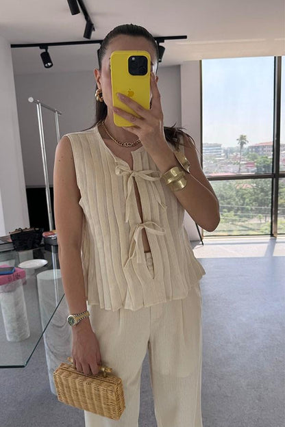Presy Keten Bağlamalı Pantolon Yelek Takım-Krem