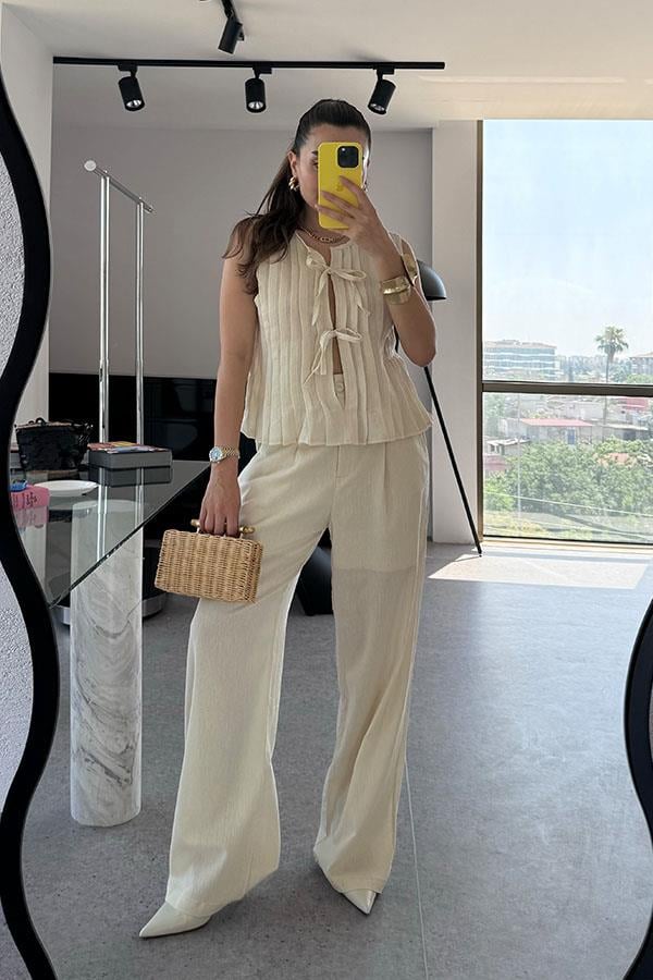 Presy Keten Bağlamalı Pantolon Yelek Takım-Krem