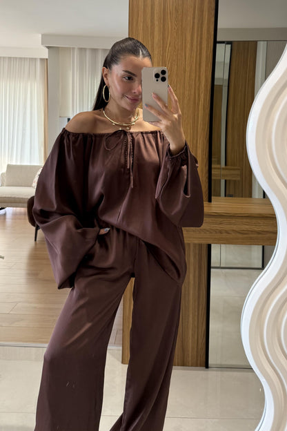 Priste Kahve Saten İkili Takım