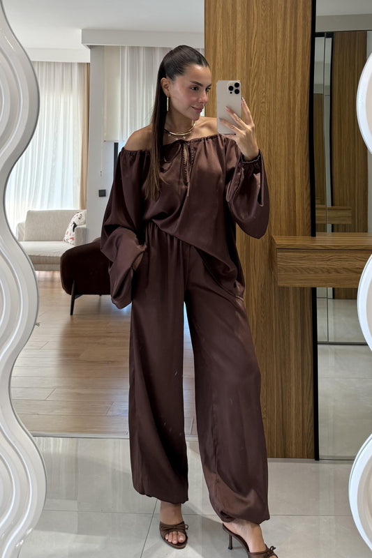 Priste Kahve Saten İkili Takım