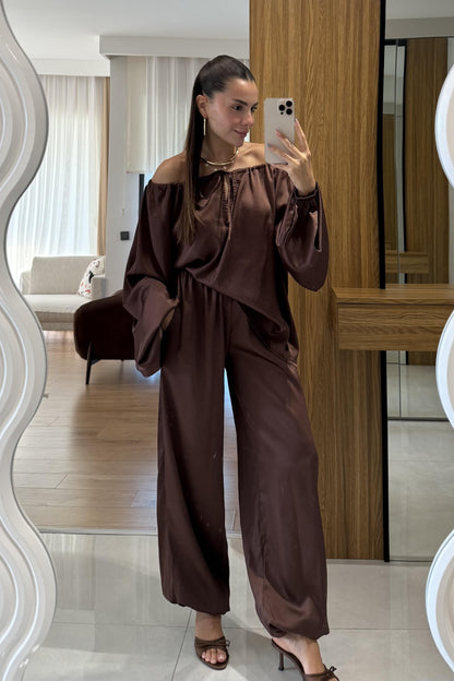 Priste Kahve Saten İkili Takım