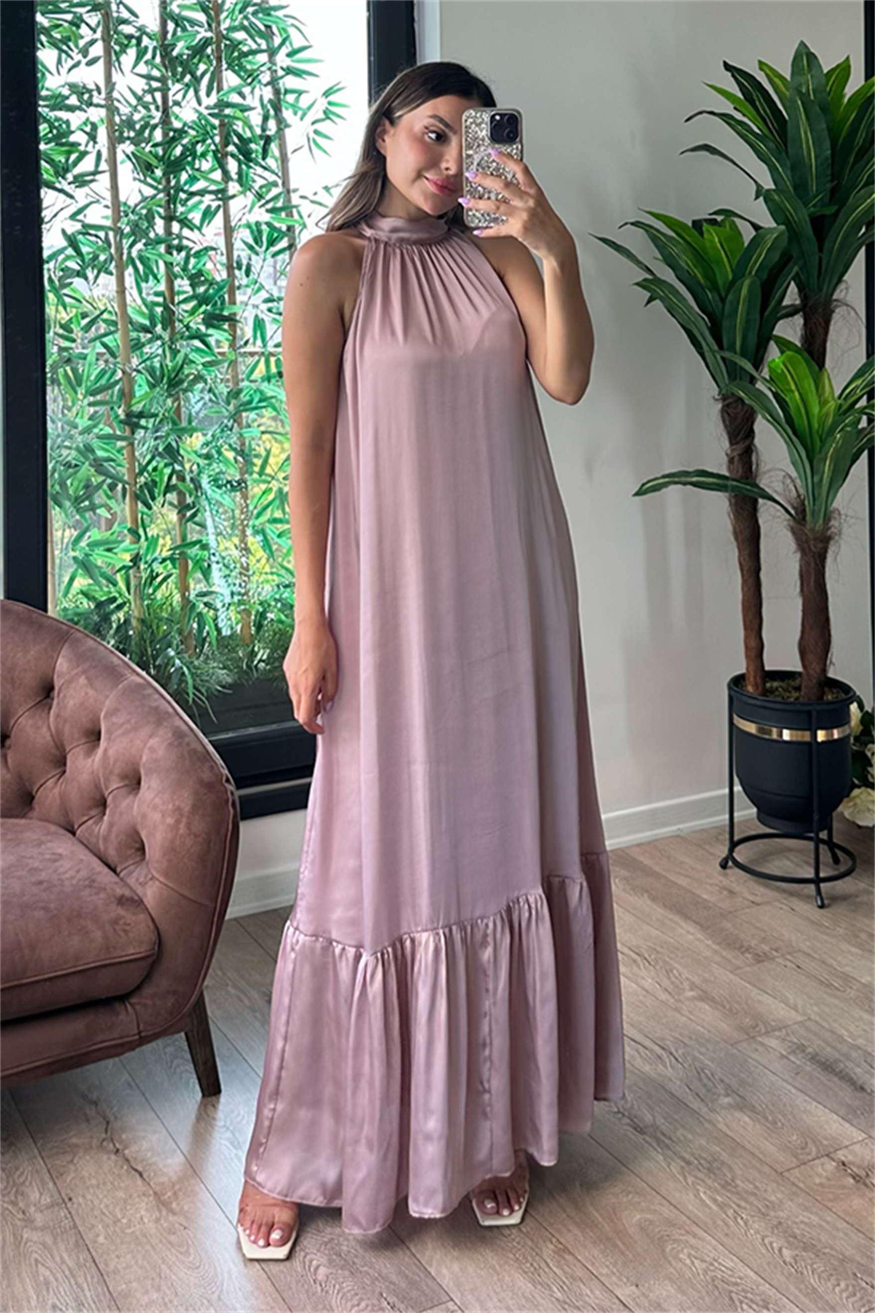 Pudra pembe maxi saten elbise