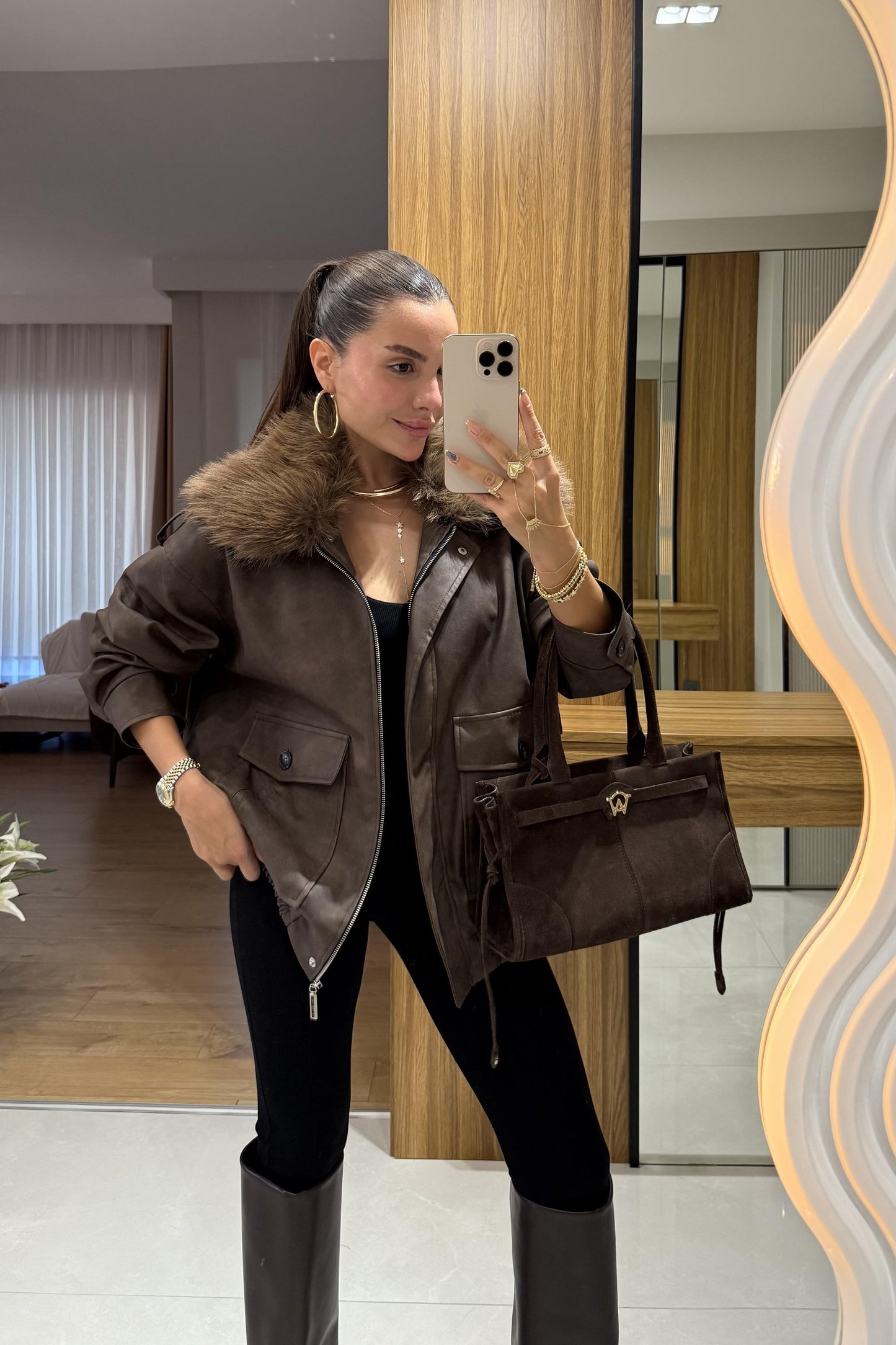 Puente Kürk Yakalı Deri Dokulu Ceket