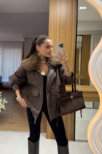 Puente Kürk Yakalı Deri Dokulu Ceket