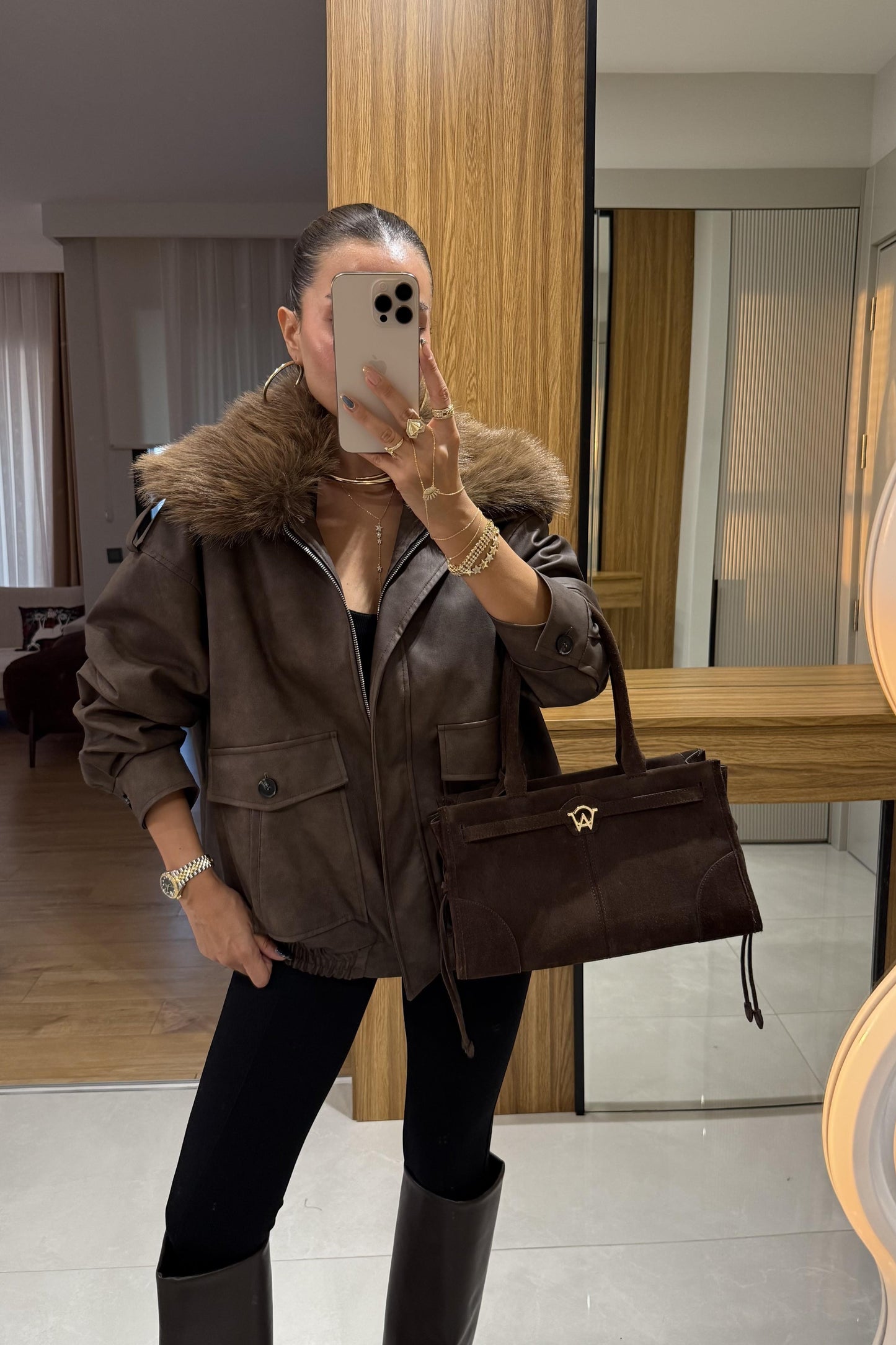 Puente Kürk Yakalı Deri Dokulu Ceket