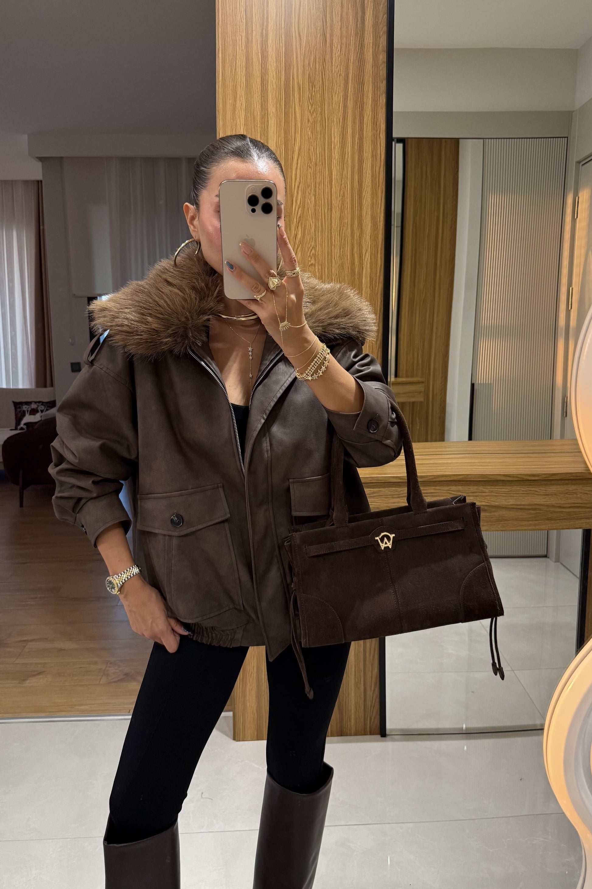 Puente Kürk Yakalı Deri Dokulu Ceket