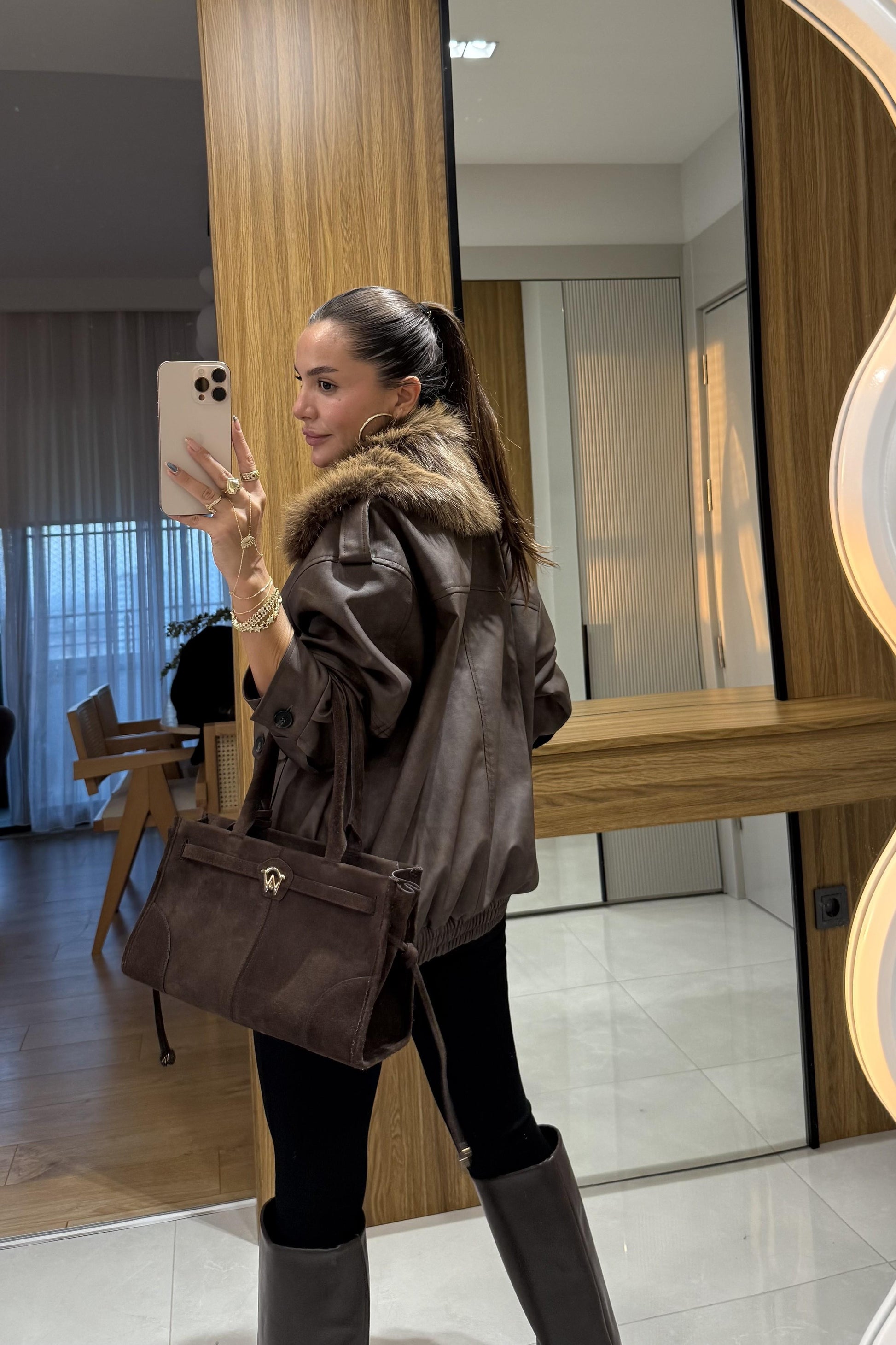 Puente Kürk Yakalı Deri Dokulu Ceket