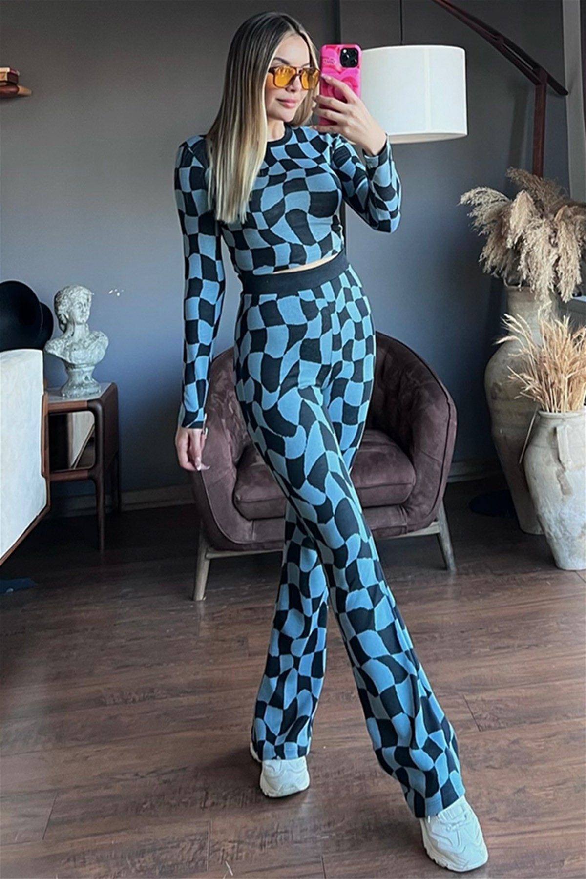 Pull and Bear dama desenli ikili takım