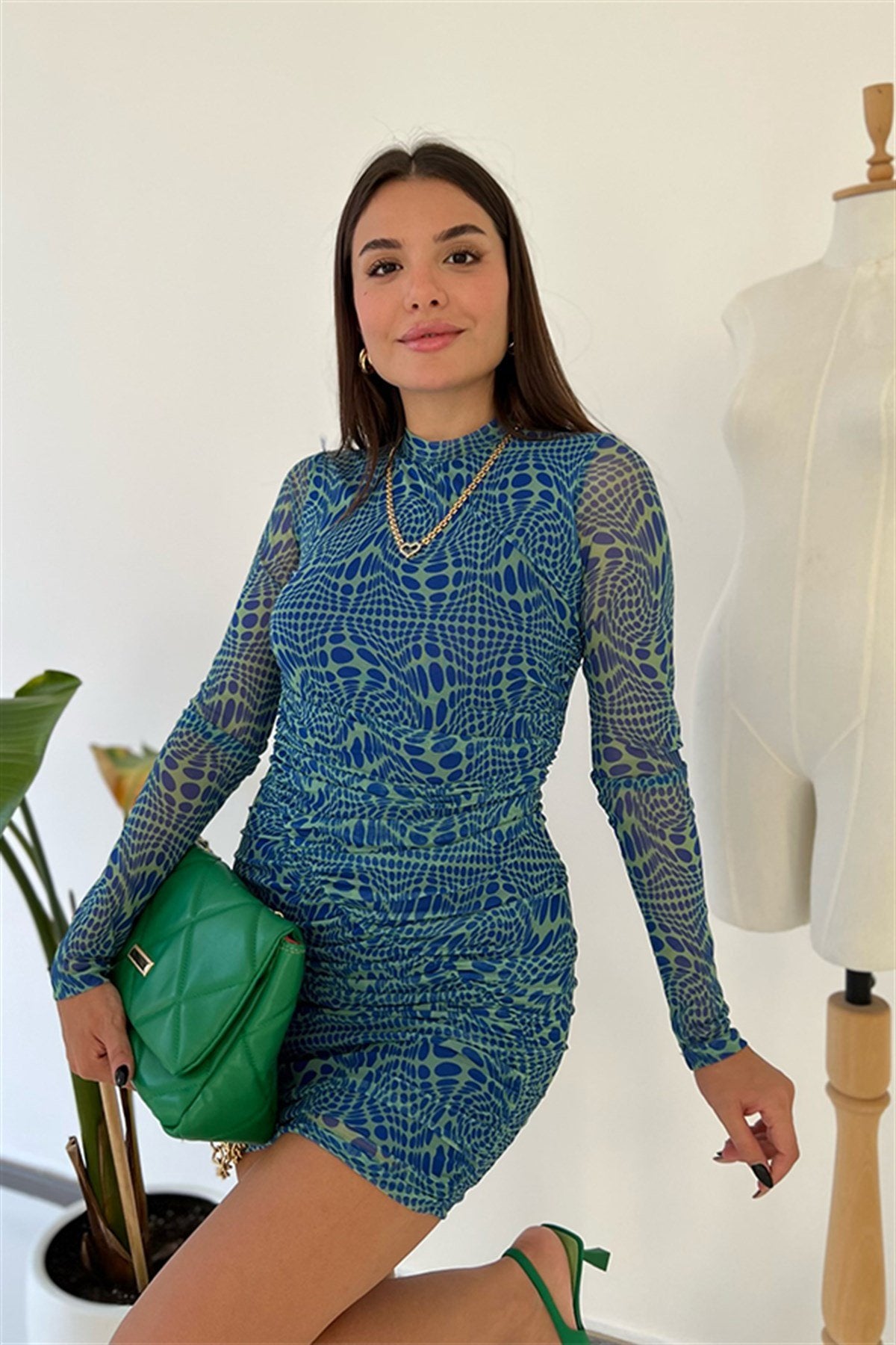 Pull and bear mavi desenli tül elbise