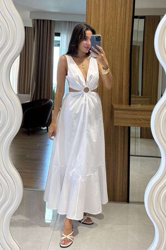 Purayn Beyaz Halkalı Bel Detaylı V Yaka Uzun Elbise