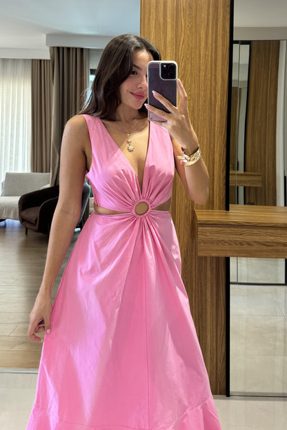 Purayn Pembe Halkalı Bel Detaylı V Yaka Uzun Elbise