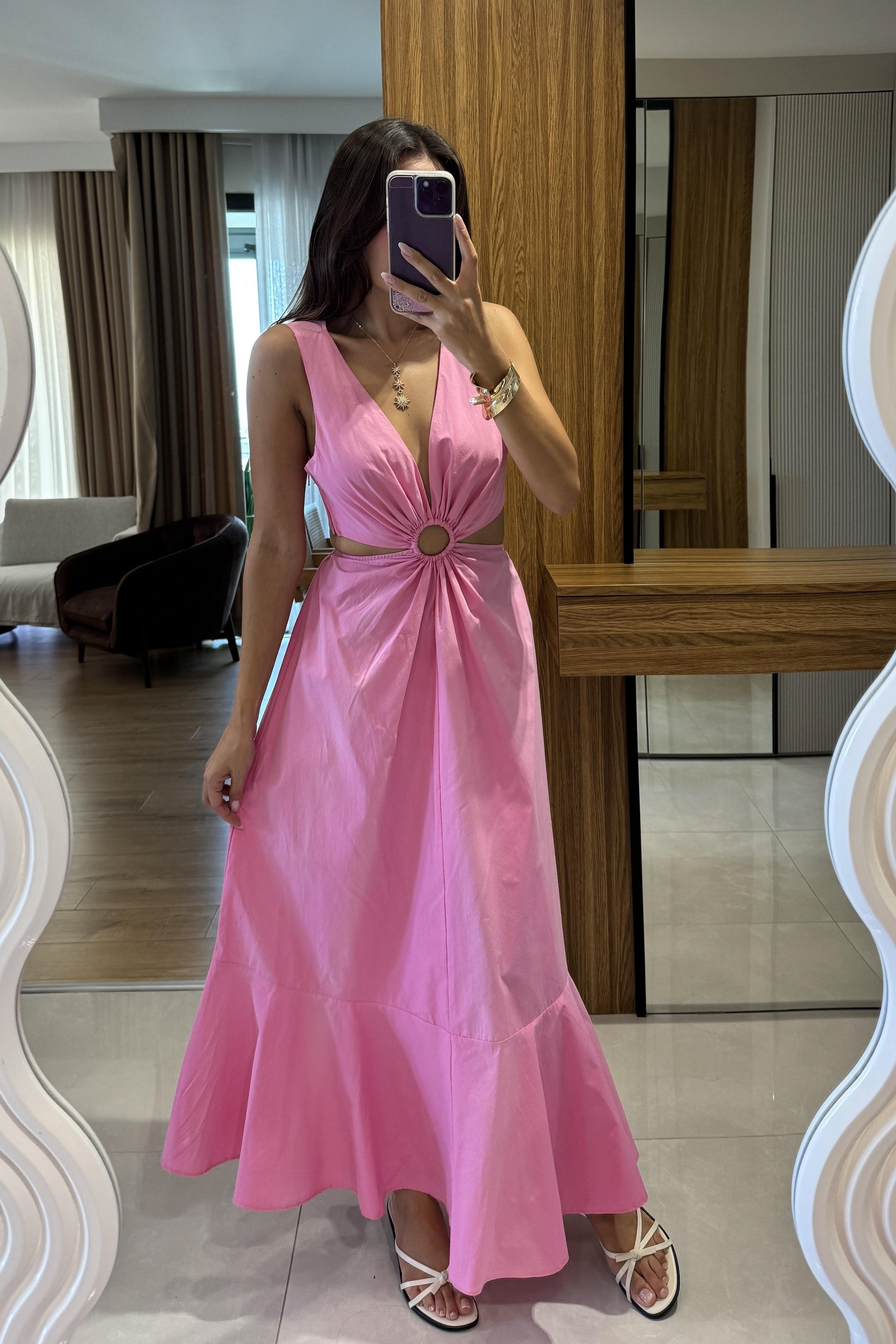 Purayn Pembe Halkalı Bel Detaylı V Yaka Uzun Elbise