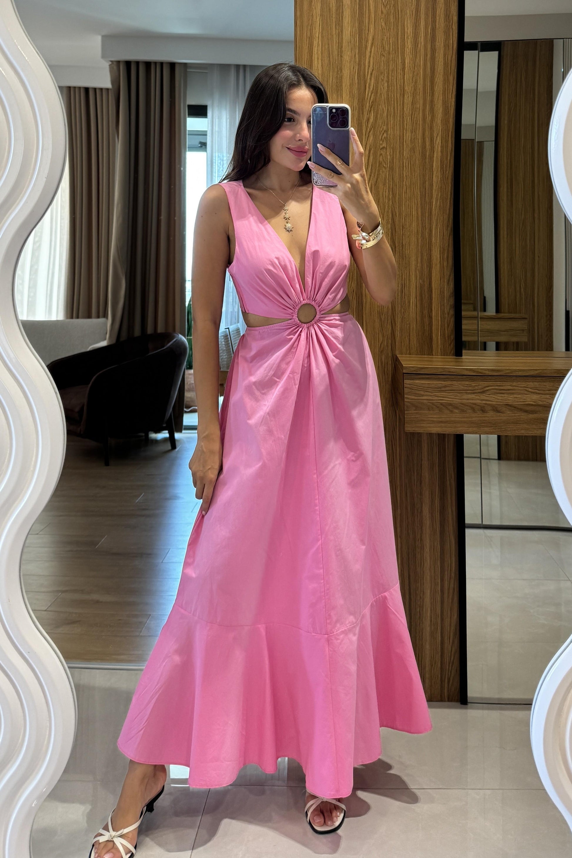 Purayn Pembe Halkalı Bel Detaylı V Yaka Uzun Elbise