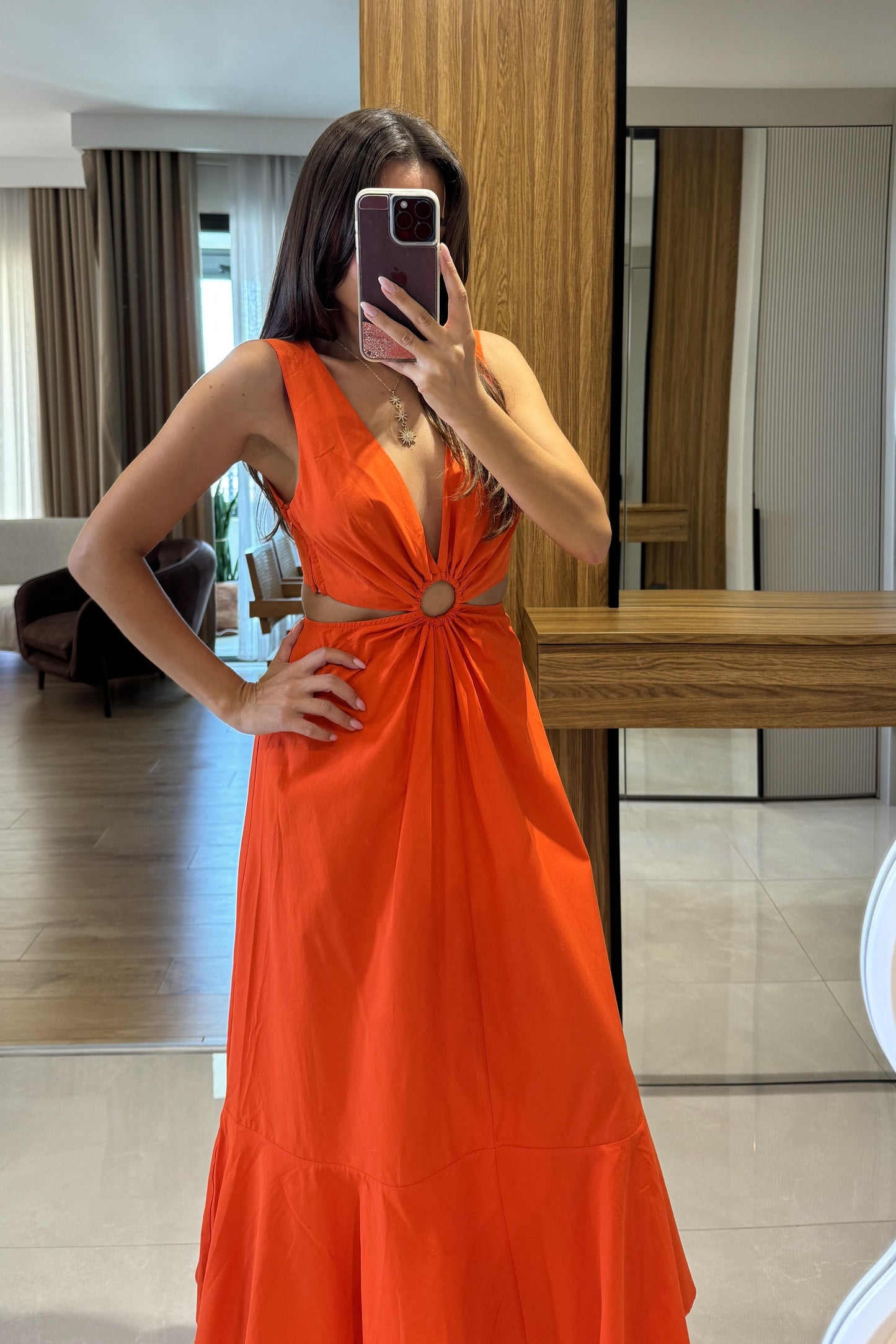 Purayn Turuncu Halkalı Bel Detaylı V Yaka Uzun Elbise