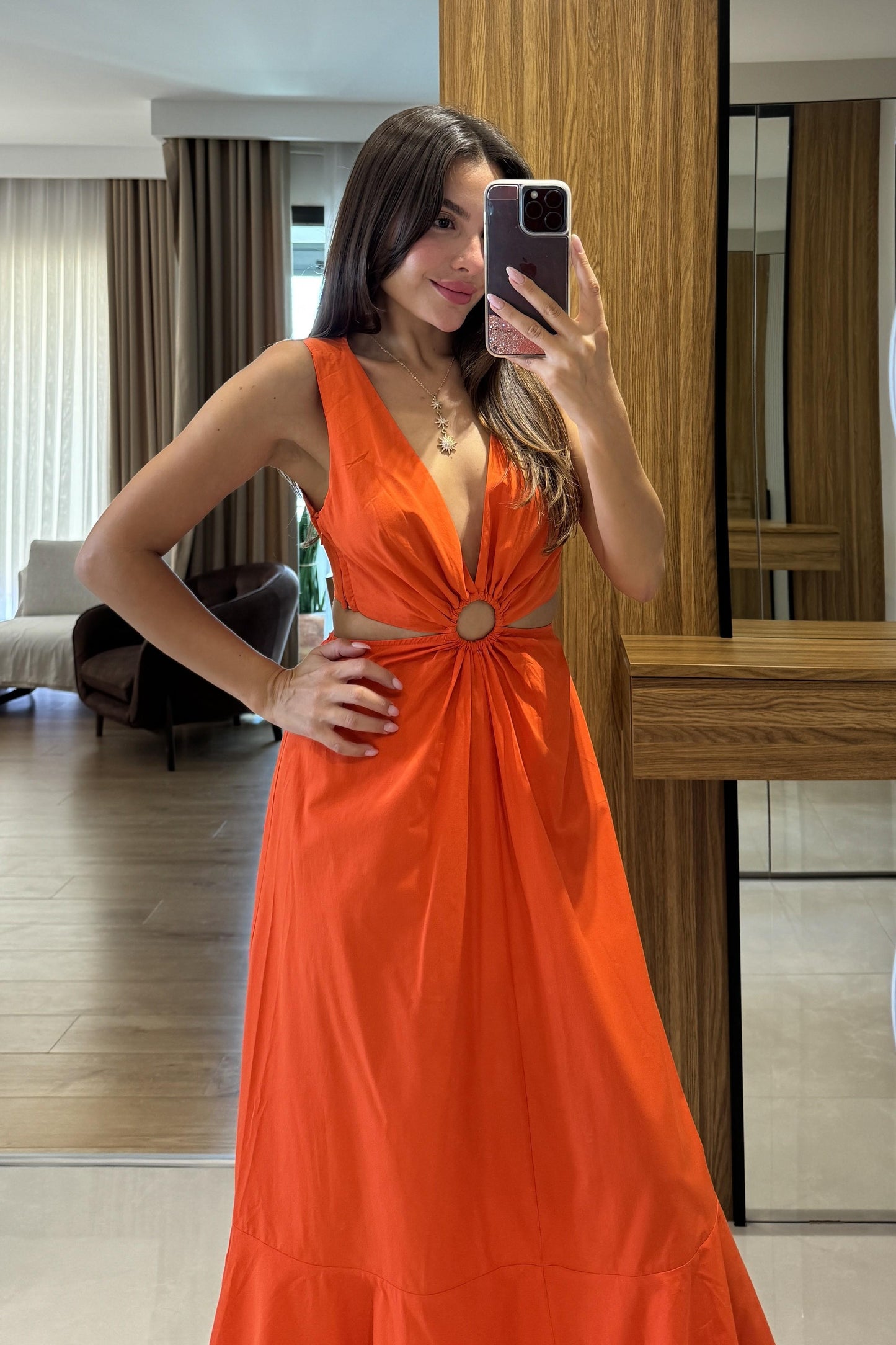 Purayn Turuncu Halkalı Bel Detaylı V Yaka Uzun Elbise