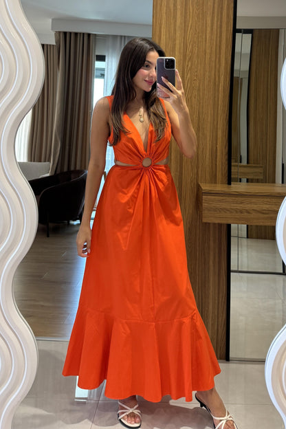 Purayn Turuncu Halkalı Bel Detaylı V Yaka Uzun Elbise