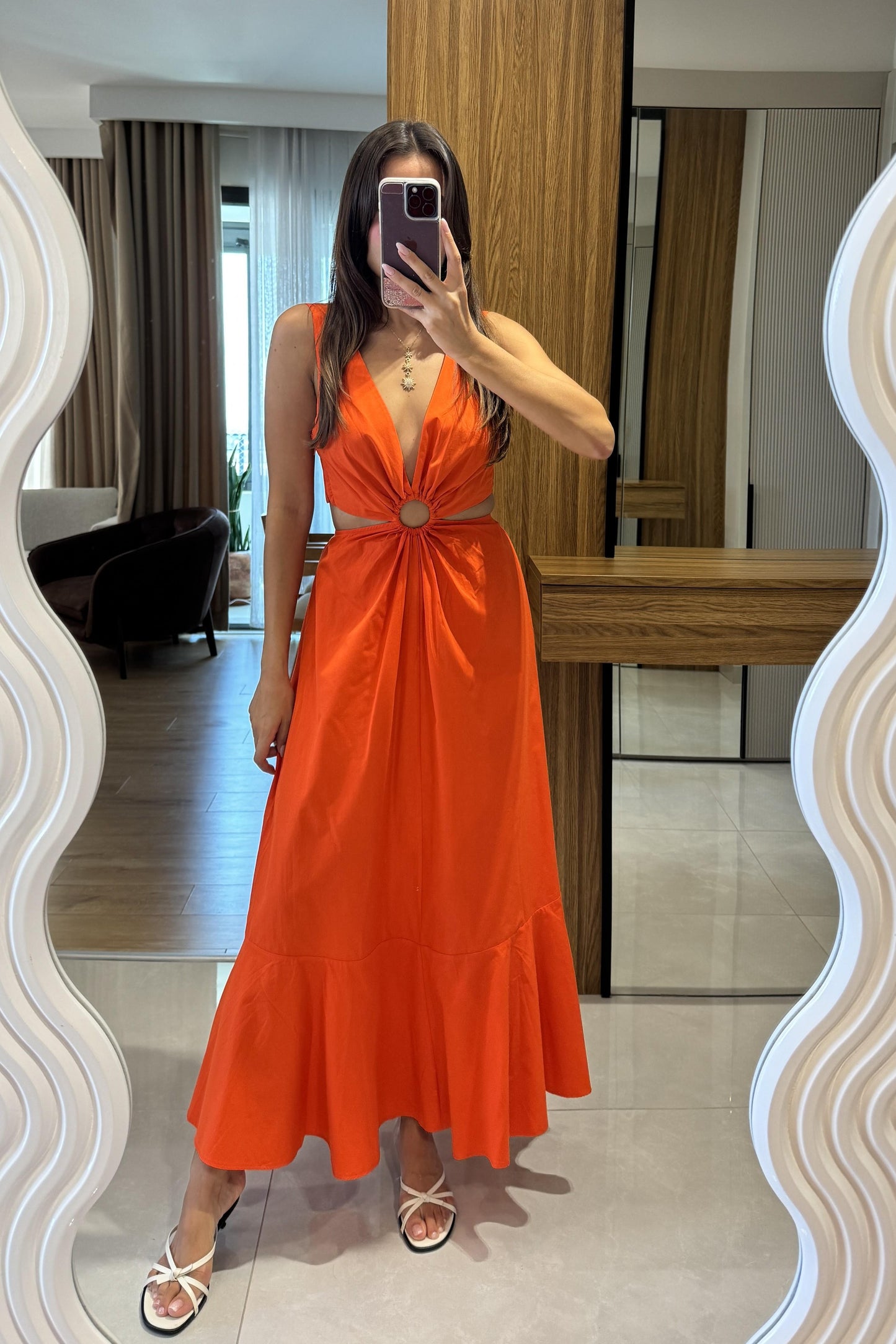 Purayn Turuncu Halkalı Bel Detaylı V Yaka Uzun Elbise