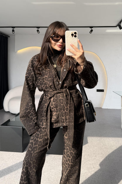 Purenza Leopar Kuşaklı Denim Ceket