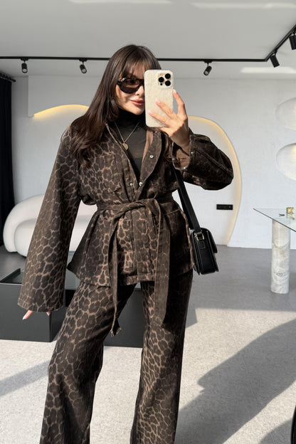 Purenza Leopar Kuşaklı Denim Ceket