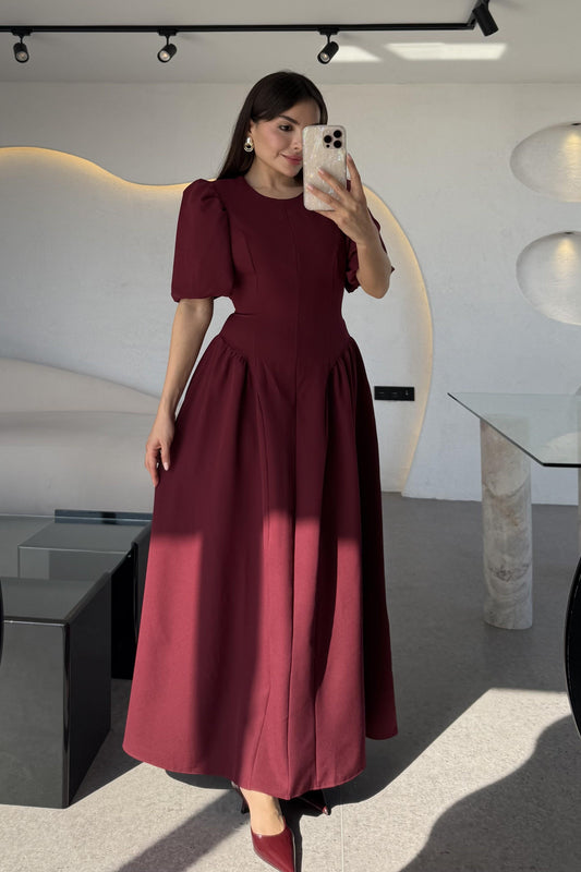 Pyura Bordo Balon Kol Korse Model Elbise
