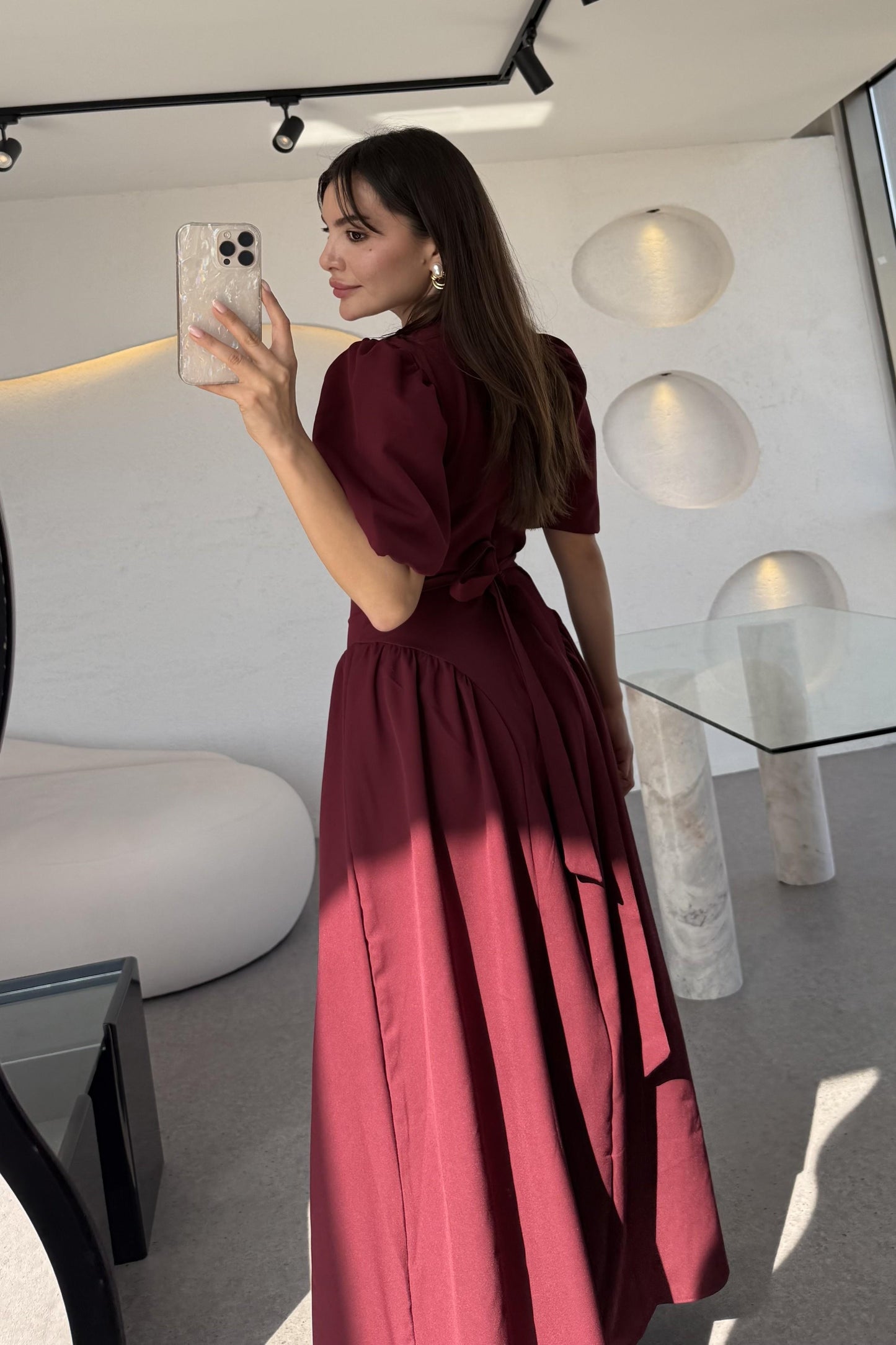 Pyura Bordo Balon Kol Korse Model Elbise