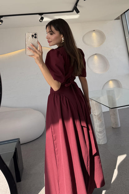 Pyura Bordo Balon Kol Korse Model Elbise