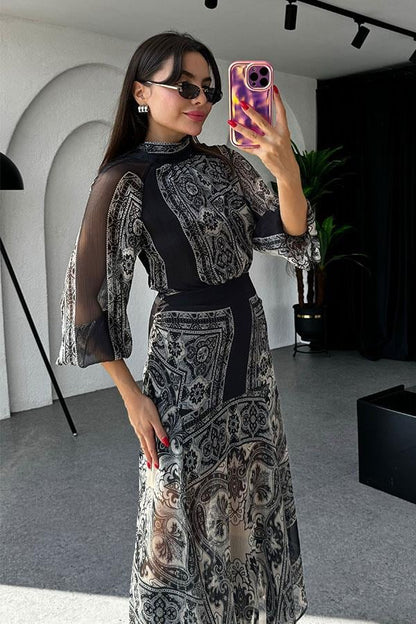 Quade Etnik Desen Şifon Elbise