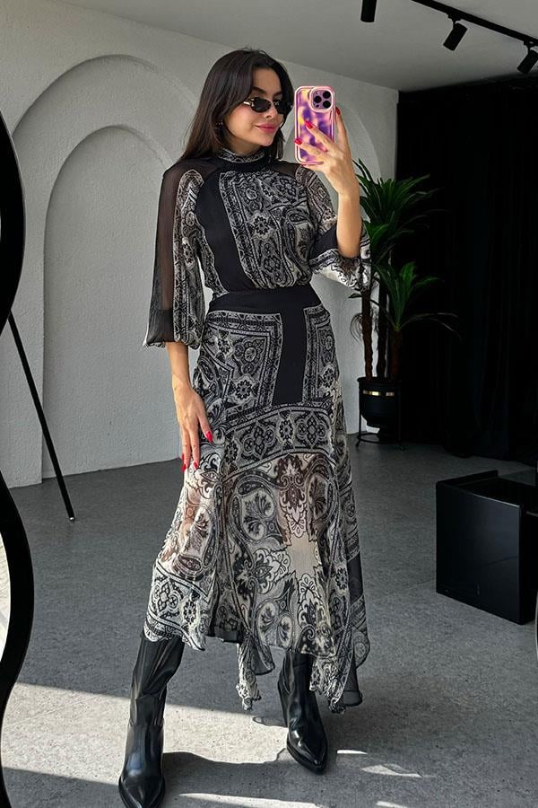 Quade Etnik Desen Şifon Elbise