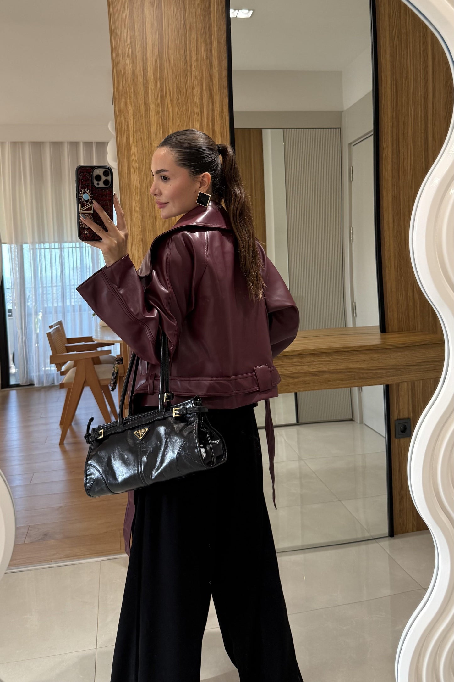 Quality Bordo Deri Kemerli Ceket