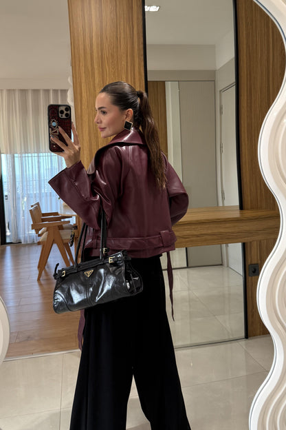 Quality Bordo Deri Kemerli Ceket