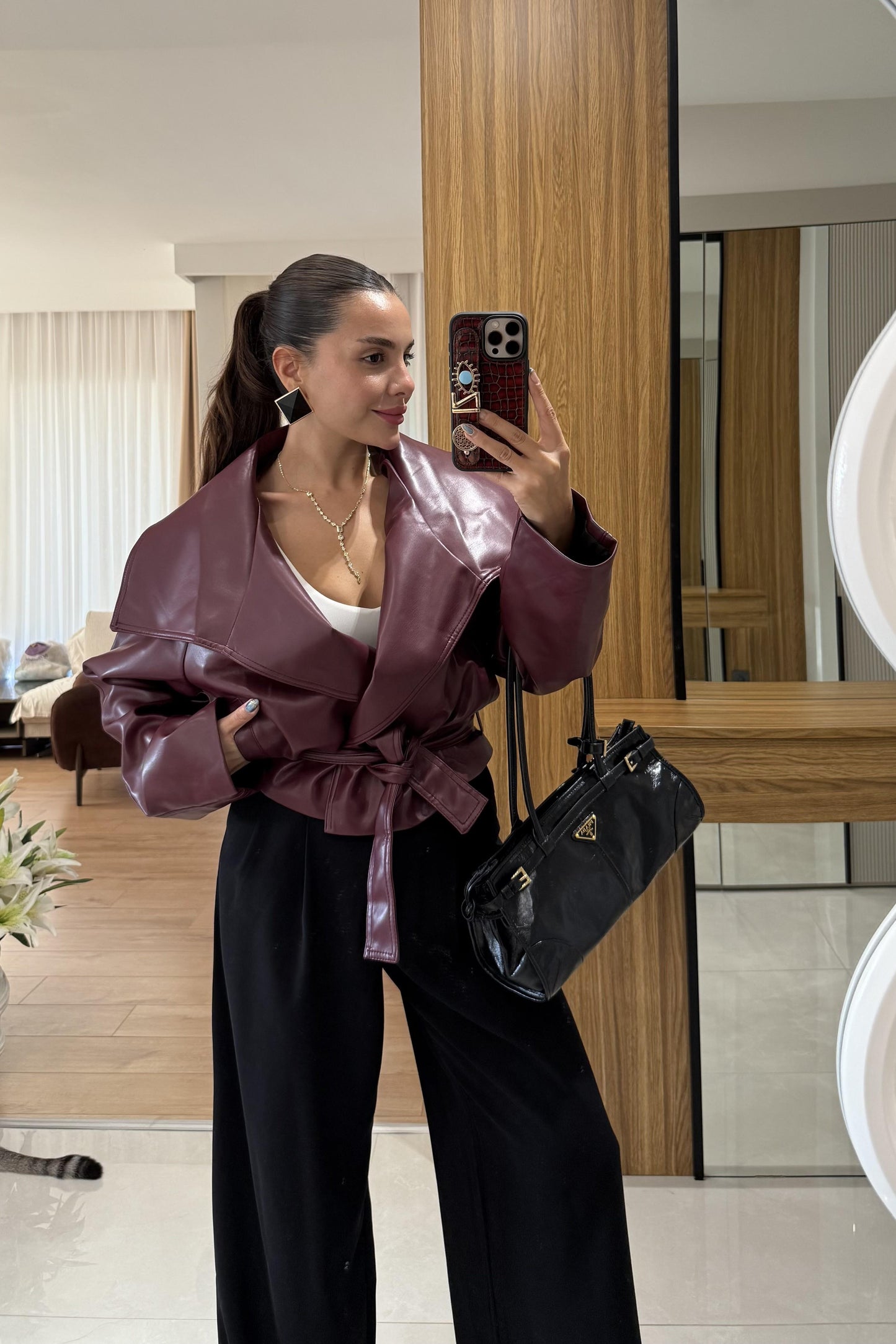 Quality Bordo Deri Kemerli Ceket