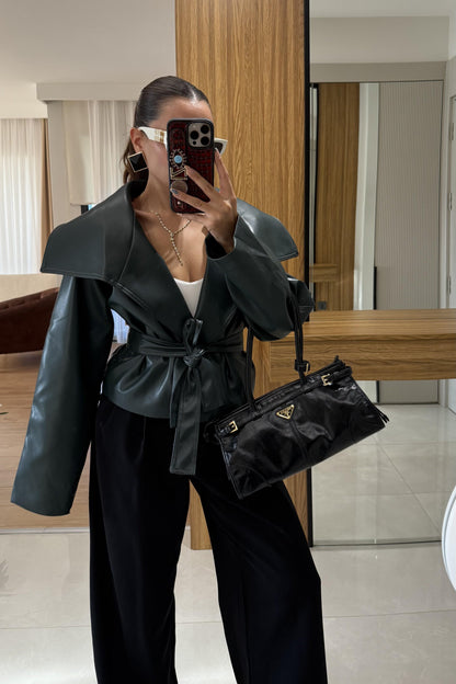 Quality Haki Deri Kemerli Ceket