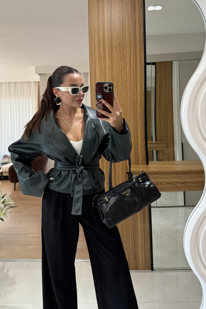 Quality Haki Deri Kemerli Ceket