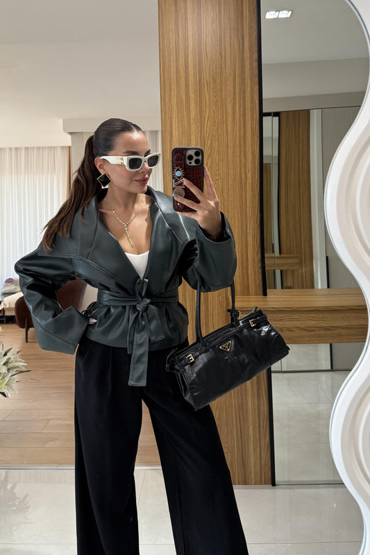 Quality Haki Deri Kemerli Ceket