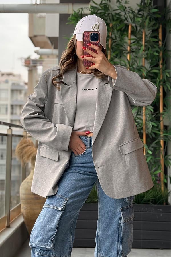 Qualıty Sırt Baskılı Blazer Ceket - Gri