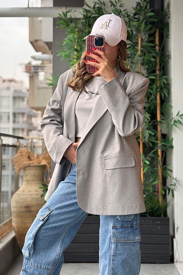 Qualıty Sırt Baskılı Blazer Ceket - Gri