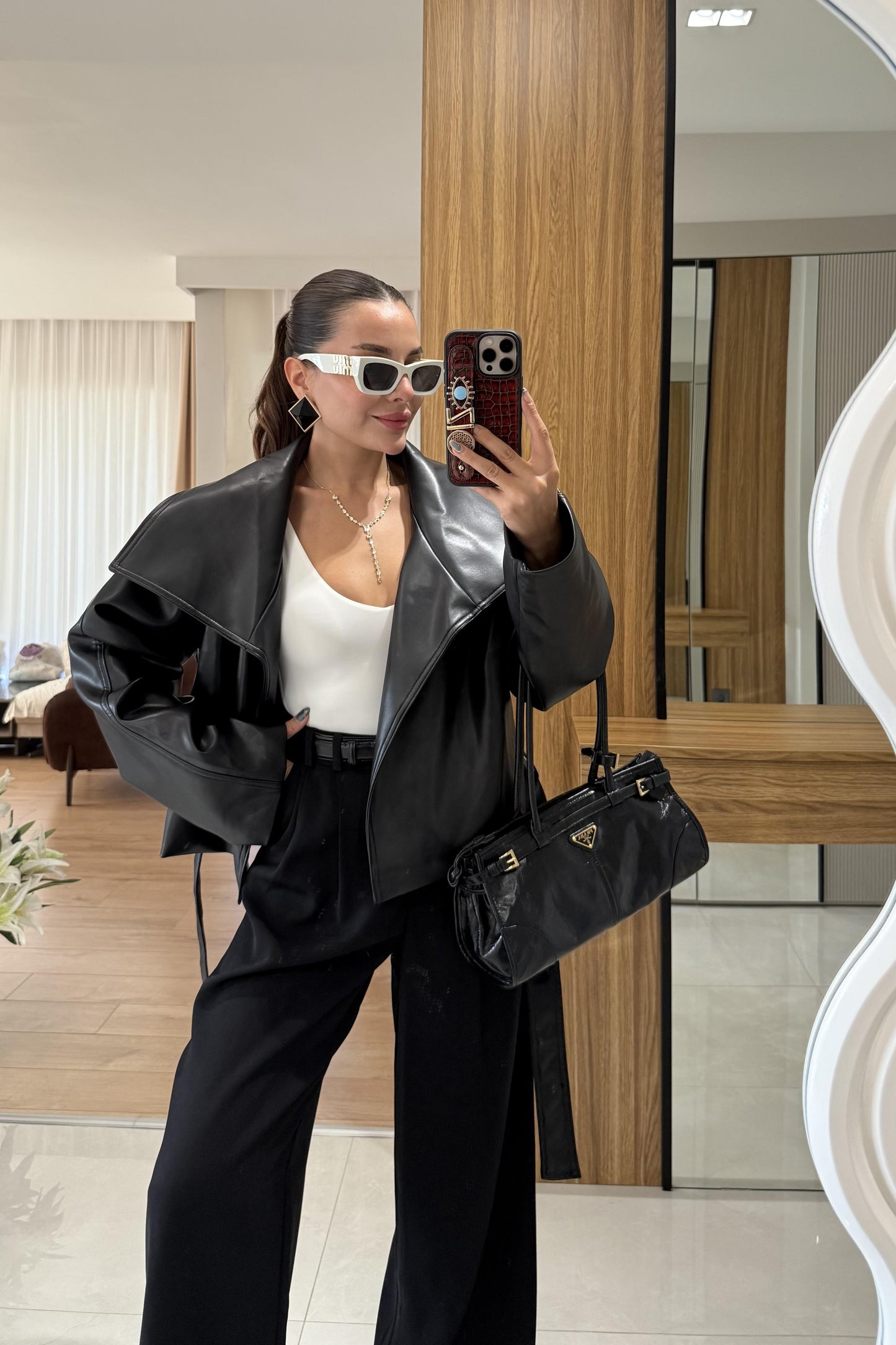 Quality Siyah Deri Kemerli Ceket